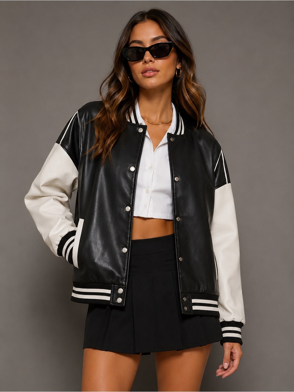 NWT Superdown Parker Black and White Faux Leather Varsity Bomber Jacket